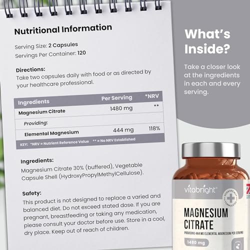 Magnesium Citrate - 1480mg High Strength - 240 Capsules (4 Month Supply) - Vegan VitaBrightBuy Supplements Australia