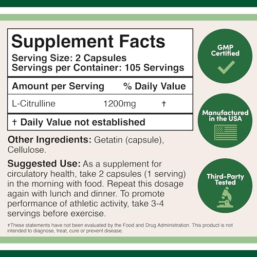 L Citrulline Capsules 1,200mg Per Serving, 210 Count (L-Citrulline Increases Levels Double Wood SupplementsBuy Supplements Australia