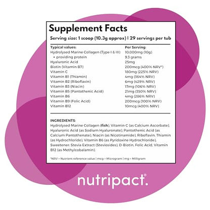 Hydrolysed Marine Collagen Peptides Powder with Hyaluronic Acid, Biotin, Vitamin C & B Vitamins – 10,000mg Collagen nutripactBuy Supplements Australia