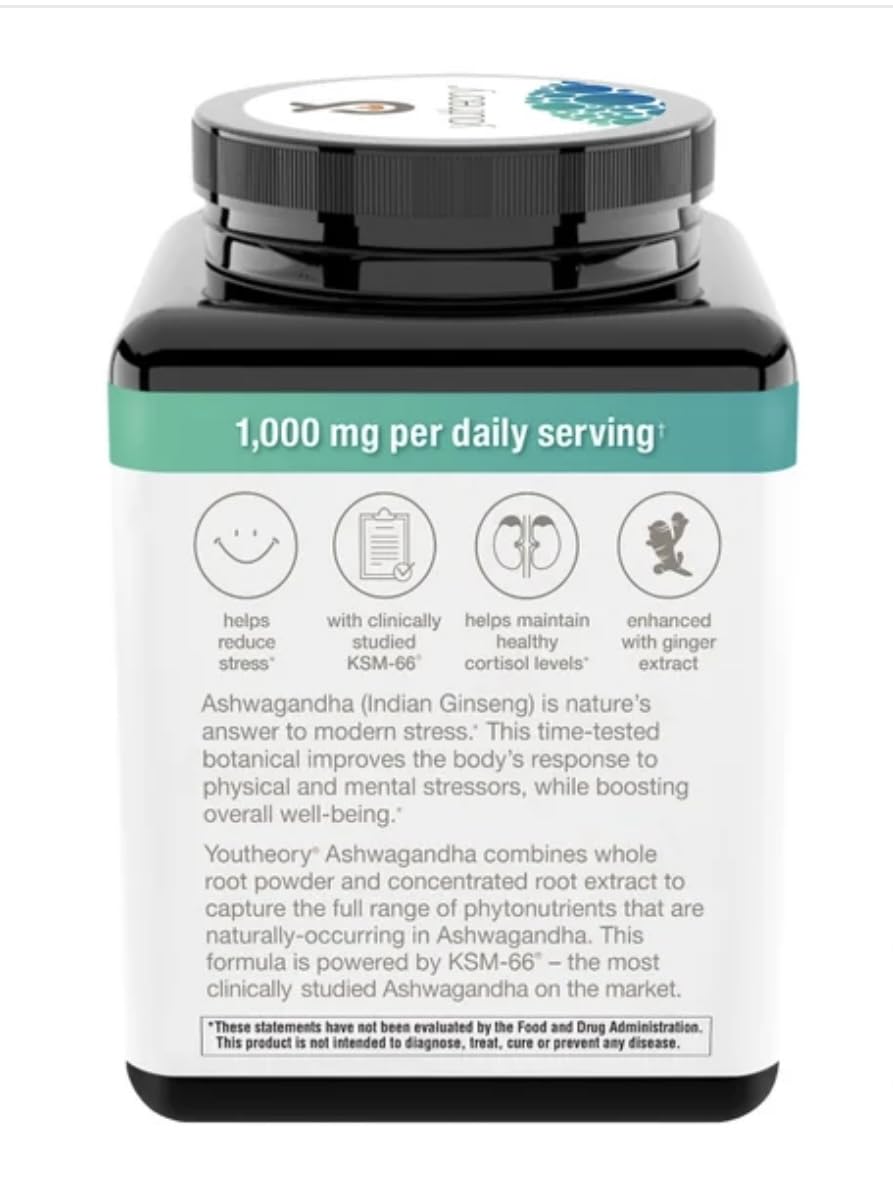 Youtheory Ashwagandha 1000mg with KSM-66 - Helps Support a Healthy Stress Response,180 Capsules (Pack of 1) YoutheoryBuy Supplements Australia