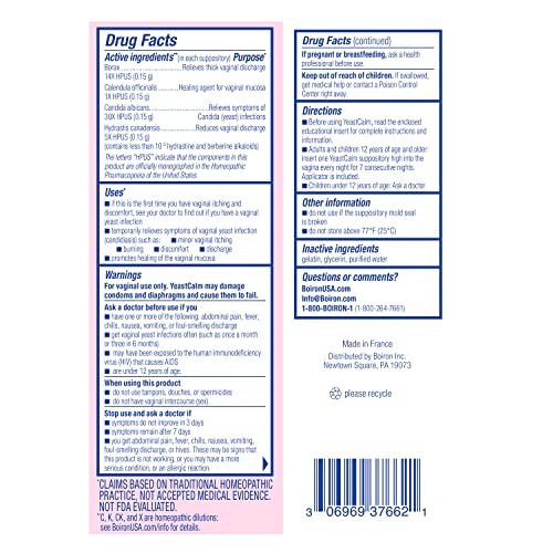 Boiron YeastCalm Homeopathic Suppositories for Yeast Infections, Burning, Discharge BoironBuy Supplements Australia