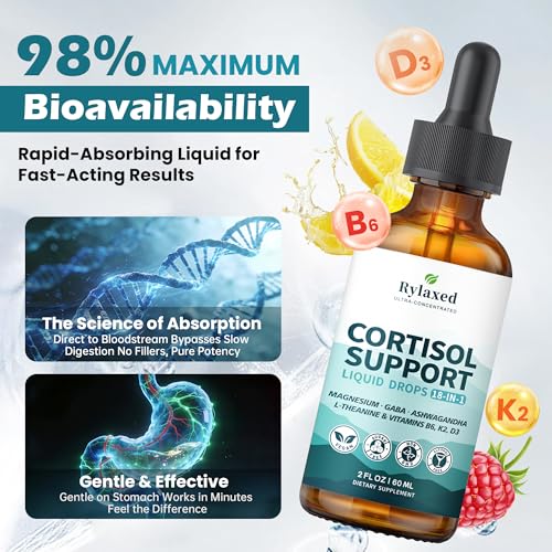 Cortisol Supplements for Women & Men, 18 in 1 Stress & Mood Support Drops with Magnesium 480mg, GABA, Ashwagandha, L-Theanine & Phosphatidylserine, for Relaxation & Sleep, Lemon Raspberry Flavor 60mL RylaxedBuy Supplements Australia