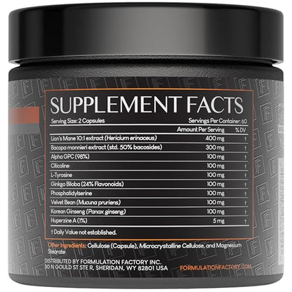Formulation Factory Nootropic Brain Supplement - Boss Mode Focus & Memory Complex with Lion's Mane, Alpha GPC & Bacopa - Cognitive Support - 120 Capsules, 2 Month Supply Formulation FactoryBuy Supplements Australia