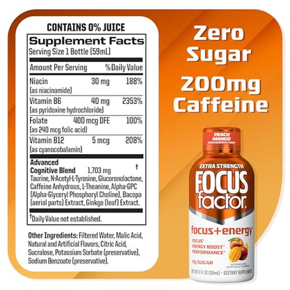 Focus Factor Extra Strength Focus + Energy Shots - 12 x 2oz Bottles (Peach Mango Flavor) - Powered by Nootropics with Caffeine, L-Theanine, Ginkgo, Bacopa, L-Tyrosine, Alpha GPC Focus FactorBuy Supplements Australia