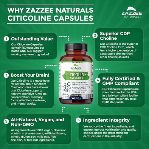 Zazzee Extra Strength Citicoline CDP Choline, 500 mg per Serving, 100 Vegan Capsules ZazzeeBuy Supplements Australia