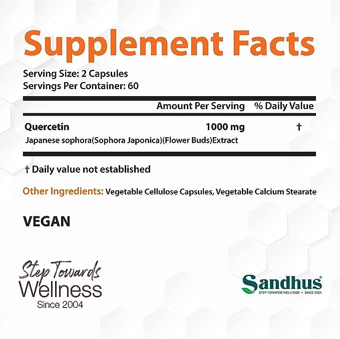 Sandhu's Quercetin 1000mg Per Serving 120 Count(Pack of 2) Vegetarian Capsules Sandhu'sBuy Supplements Australia