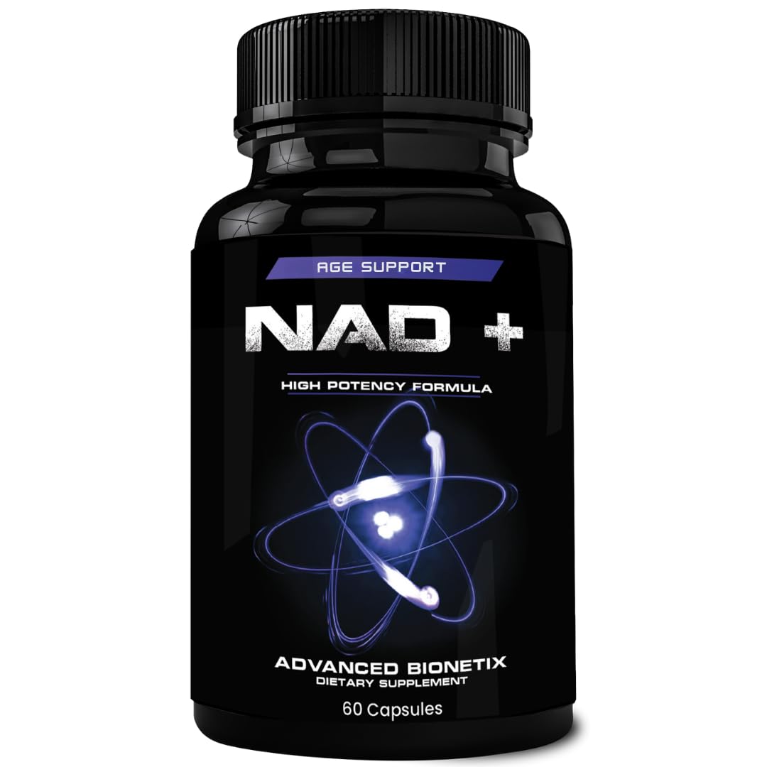 Black supplement bottle labeled 'NAD+' on a white background