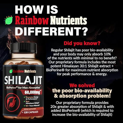 Pure Himalayan Shilajit Capsules Supplement (60,000mg+ Absorption Enhancer+50% Rainbow Nutrients, LLCBuy Supplements Australia