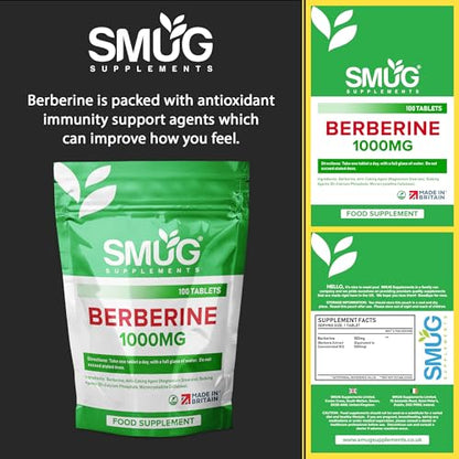 SMUG Supplements Berberine Tablets - 100 High Strength 1000mg Pills - Can Promote SMUG SupplementsBuy Supplements Australia