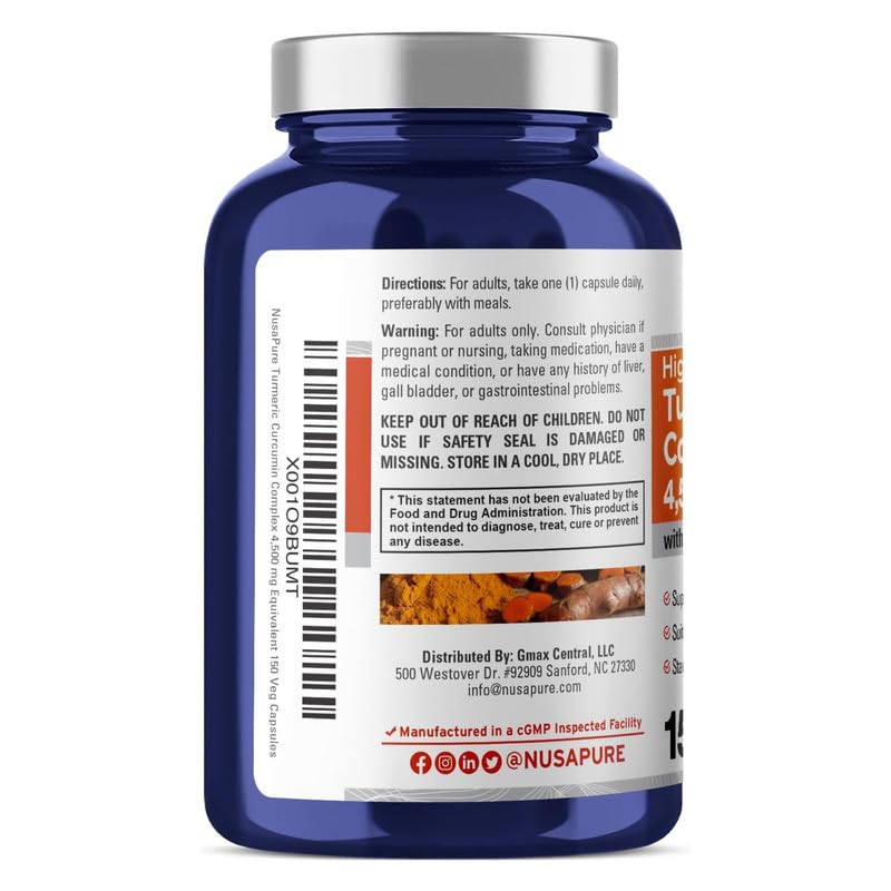 NusaPure Turmeric Curcumin Complex 4,500mg per caps, 150 caps, Non-GMO, Gluten-Free, & Bioperine NusaPureBuy Supplements Australia