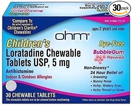 Ohm Children's Allergy Medicine, Loratadine 5mg, Chewable Tablets (30 Count) Bubblegum Flavor, Non-Drowsy Antihistamine, 24-Hour Allergy Relief for Runny Nose, Watery Eyes, Itchy Throat & Nose Ohm buy supplements Au