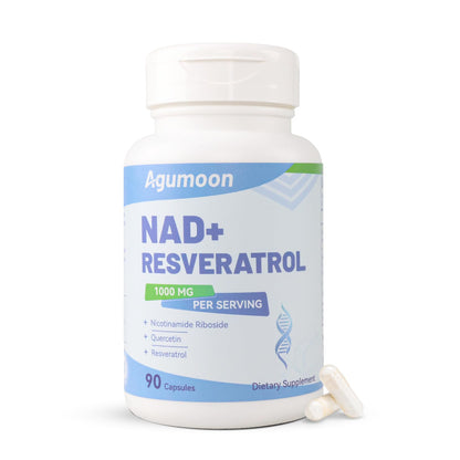 Supplement bottle labeled 'NAD+ Resveratrol' by Agumoon on a white background