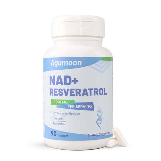 Supplement bottle labeled 'NAD+ Resveratrol' by Agumoon on a white background