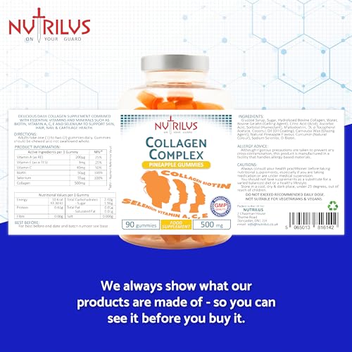 Collagen Complex 90 Natural Pineapple Gummies 500mg - Large Pack - with Biotin & Selenium NutrilusBuy Supplements Australia