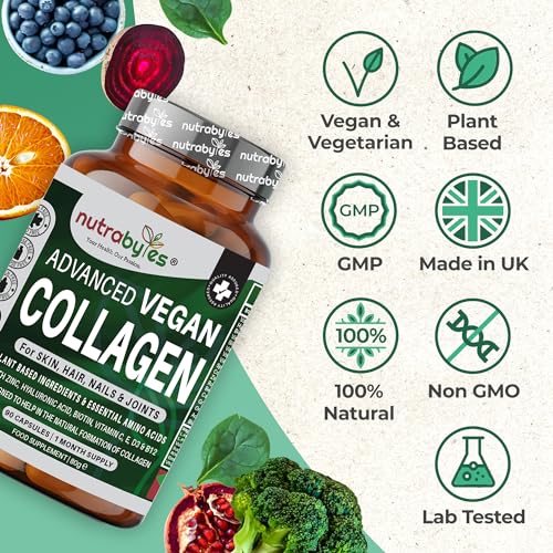 Vegan Collagen Supplement For Skin, Hair, Nails, Joints & Bones with Hyaluronic Acid, Biotin, Lysine, Bamboo Silica, Zinc, Vitamin C, D3, B12, E NUTRABYTESBuy Supplements Australia