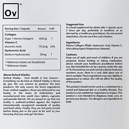 Collagen 450mg, Vitamin C 19.2mg, Hyaluronic Acid 30mg Capsules | Bones & Skin Ov OXFORD VITALITYBuy Supplements Australia