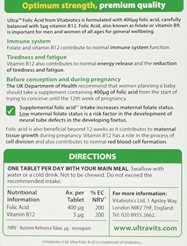 Vitabiotics Ultra Folic Acid Tablets 400 mcg Vitamin B9 with Vitamin B12-60 Tablets Vitabiotics UltraBuy Supplements Australia