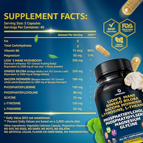 LetaGreen Organic Lions Mane Supplement Capsules - 120 Real Mushrooms Lion's Mane LetaGreenBuy Supplements Australia
