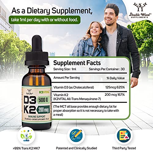 Vitamin D3 K2 5,000 IU Liquid Drops (5,000 IU of D3 and 200mcg of 99.9% All-Trans Double Wood SupplementsBuy Supplements Australia