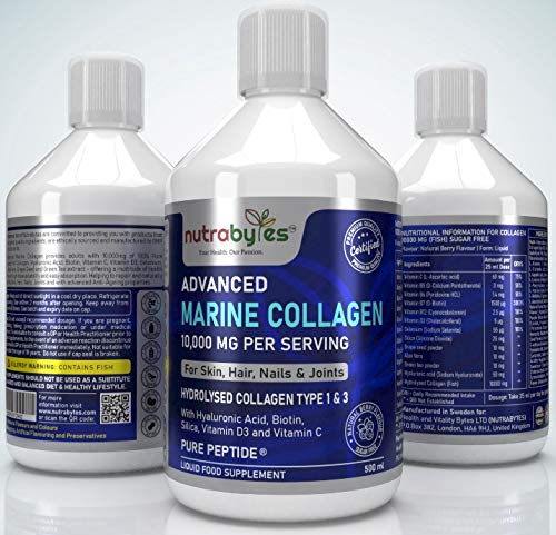 Marine Collagen Liquid 10000mg Sugar Free, Hydrolysed Peptides | Hyaluronic Acid, Biotin, Silica, Vitamin C, Vitamin D3 NUTRABYTESBuy Supplements Australia
