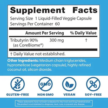 Doctor's BEST High Absorption Postbiotic Butyrate Featuring Corebiome, Gut & Immune Health, Non-GMO, Gluten Free, Soy Free, Vegan, 30 Liquid Veggie Caps Doctor's BESTBuy Supplements Australia