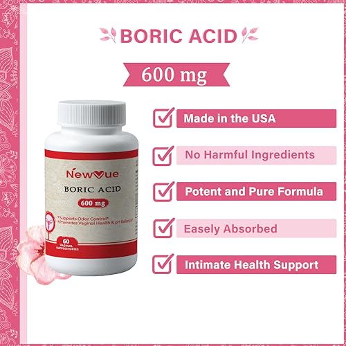 NewVue Boric Acid Vaginal Suppositories (600mg, 60 Count) Supports Vaginal pH Balance, Odor Control (USP Medical Grade Fine Powder, Easy Dissolve, Third Party Tested, Made in USA) NewVueBuy Supplements Australia