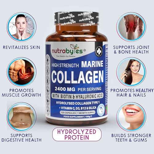 High Strength Marine Collagen 2400mg with Hyaluronic Acid 100mg, Biotin, Vitamin C, D3, B12 and Silica NUTRABYTESBuy Supplements Australia