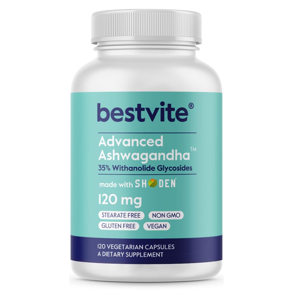 BESTVITE Advanced Ashwagandha 120mg w/Shoden (120 Vegetarian Capsules) - Clinically Studied Containing Industry Leading 35% Withanolide Glycosides - No Stearates - Vegan - Non GMO - Gluten Free BESTVITEBuy Supplements Australia