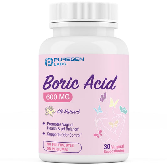 Puregen Labs Boric Acid 600 mg Vaginal Suppositories - 100% Pure | All Natural Without Dyes or Fillers