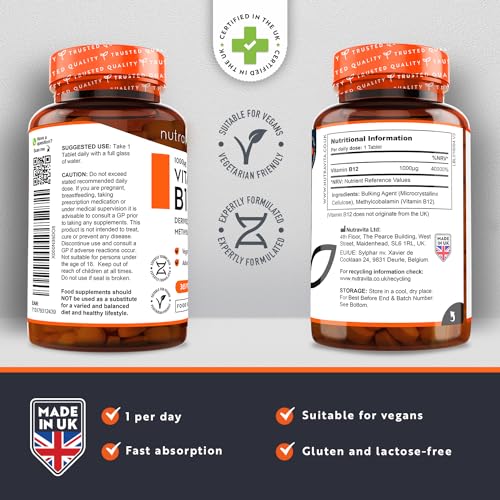Vitamin B12 1000mcg - 365 High Strength Vegan Tablets (1 Year Supply) - Max Strength NutravitaBuy Supplements Australia