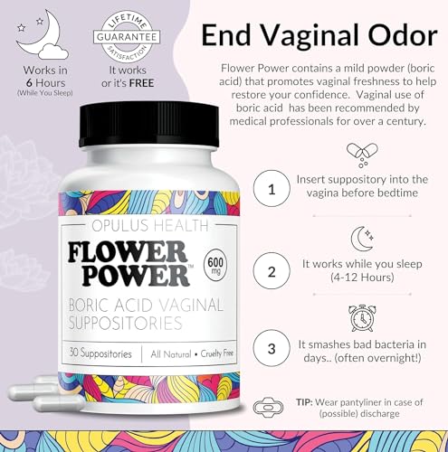 Flower Power Vegan Boric Acid Suppositories - 30 Capsules - 600mg for Vaginal Odor and pH Balance Flower PowerBuy Supplements Australia