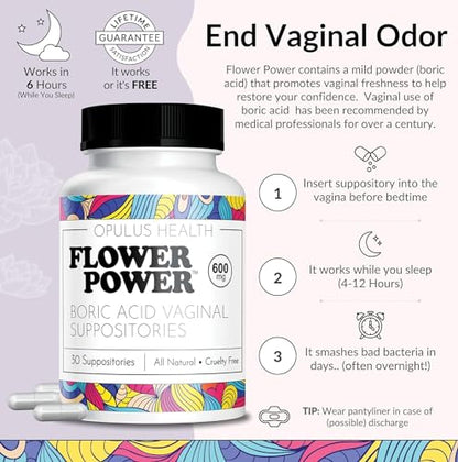 Flower Power Vegan Boric Acid Suppositories - 30 Capsules - 600mg for Vaginal Odor and pH Balance Flower PowerBuy Supplements Australia