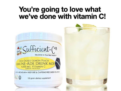 Sufficient-C High Dose Non-GMO Vitamin C Lemon Peach Immune-Ade Drink Mix, Convenient 125 Gram Size w/L-lysine, Bromelain & a Premium 96% Pure Green Tea Extract