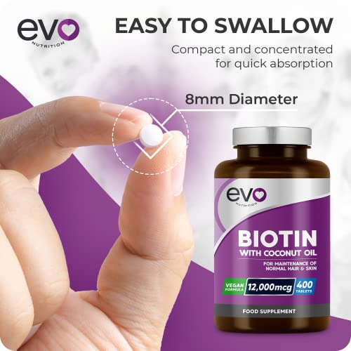 Biotin Hair Growth Supplement 12,000mcg with Coconut Oil | 400 High Strength Tablets EVO NUTRITIONBuy Supplements Australia