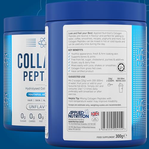 Applied Nutrition Collagen Peptides Powder - Hydrolysed Bovine Collagen Protein, Halal, Healthy Skin, Hair, Nails (Unflavoured) (300g - 15 Servings) Applied NutritionBuy Supplements Australia