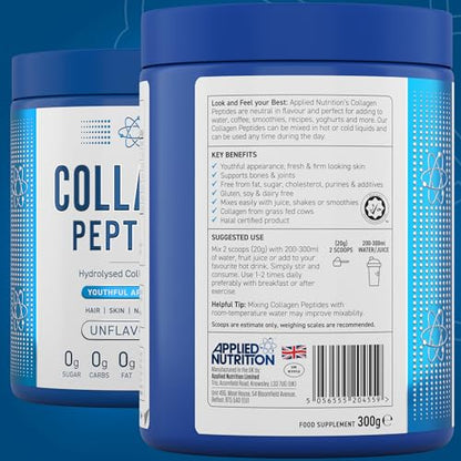 Applied Nutrition Collagen Peptides Powder - Hydrolysed Bovine Collagen Protein, Halal, Healthy Skin, Hair, Nails (Unflavoured) (300g - 15 Servings) Applied NutritionBuy Supplements Australia