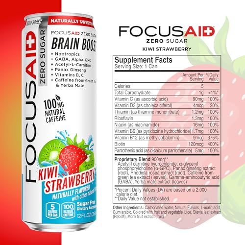 FOCUSAID ZERO SUGAR Nootropics Blend, Alpha-GPC, GABA, 100mg Natural Caffeine from Green Tea, Yerba Mate, Vitamin B-Complex, Keto-Friendly, No Artificial Sweeteners, 12 Fl Oz (Pack of 24) LIFEAIDBuy Supplements Australia