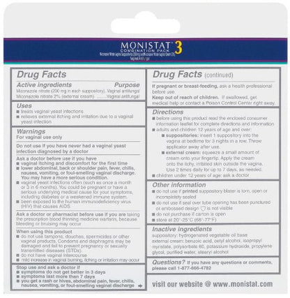 Monistat 3 Vaginal Antifungal Combination Pack, 3 Suppositories with Disposable Applicators MonistatBuy Supplements Australia