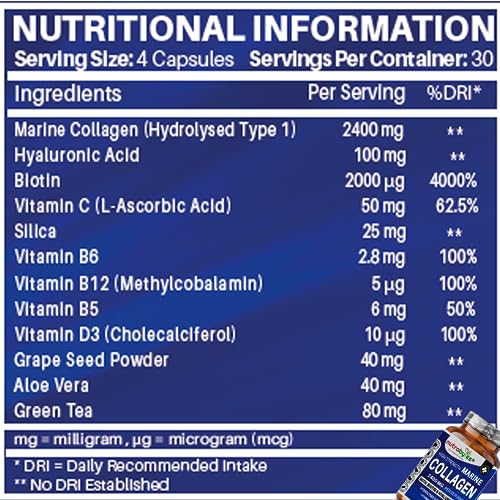 High Strength Marine Collagen 2400mg with Hyaluronic Acid 100mg, Biotin, Vitamin C, D3, B12 and Silica NUTRABYTESBuy Supplements Australia