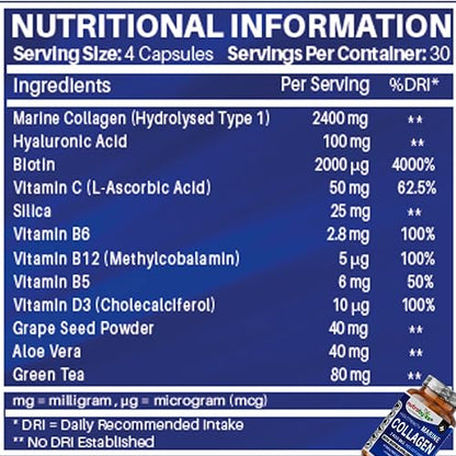 High Strength Marine Collagen 2400mg with Hyaluronic Acid 100mg, Biotin, Vitamin C, D3, B12 and Silica NUTRABYTESBuy Supplements Australia