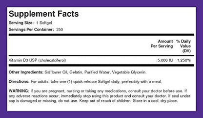Piping Rock Vitamin D3 5000 IU | 250 Softgels | High Potency Supplement | Non-GMO Piping RockBuy Supplements Australia