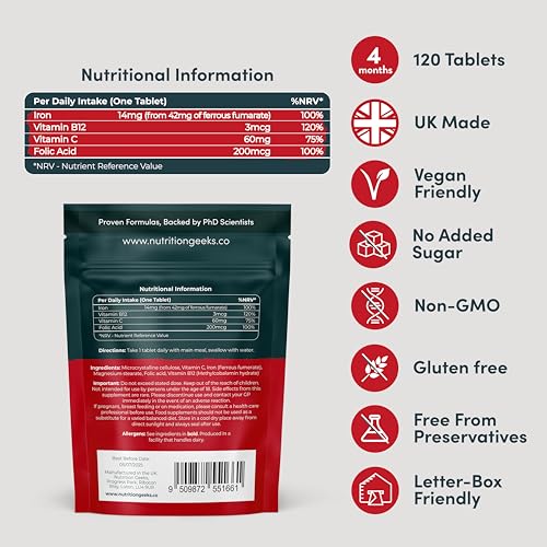 Iron Tablets High Strength Tablets with Vitamin C, B12 & Folic Acid - 120 Vegan Supplement Nutrition GeeksBuy Supplements Australia