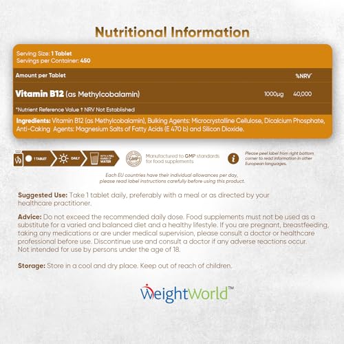 Vitamin B12 Tablets High Strength – 1000mcg Vegan B12 Supplement – 450 Pure Methylcob WeightWorldBuy Supplements Australia