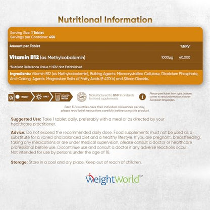 Vitamin B12 Tablets High Strength – 1000mcg Vegan B12 Supplement – 450 Pure Methylcob WeightWorldBuy Supplements Australia