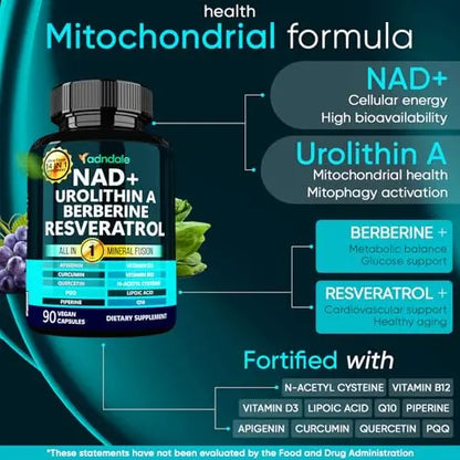 Adndale NAD Supplement. Longevity Formula with Liposomal NAD+, Trans Resveratrol, Urolithin-A, Berberine, CoQ10. NMN Supplement Alternative. 90 Count AdndaleBuy Supplements Australia