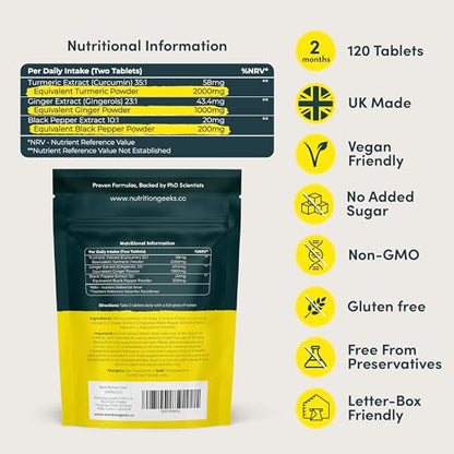 Nutrition Geeks Turmeric Tablets 2000 mg with Black Pepper & Ginger, High Strength Nutrition GeeksBuy Supplements Australia
