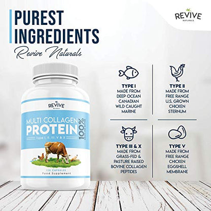 Multi Collagen Protein Capsules - Types I, II, III, V & X - Hydrolysed Grass Fed Bovine, Wild Caught Marine Revive NaturalsBuy Supplements Australia