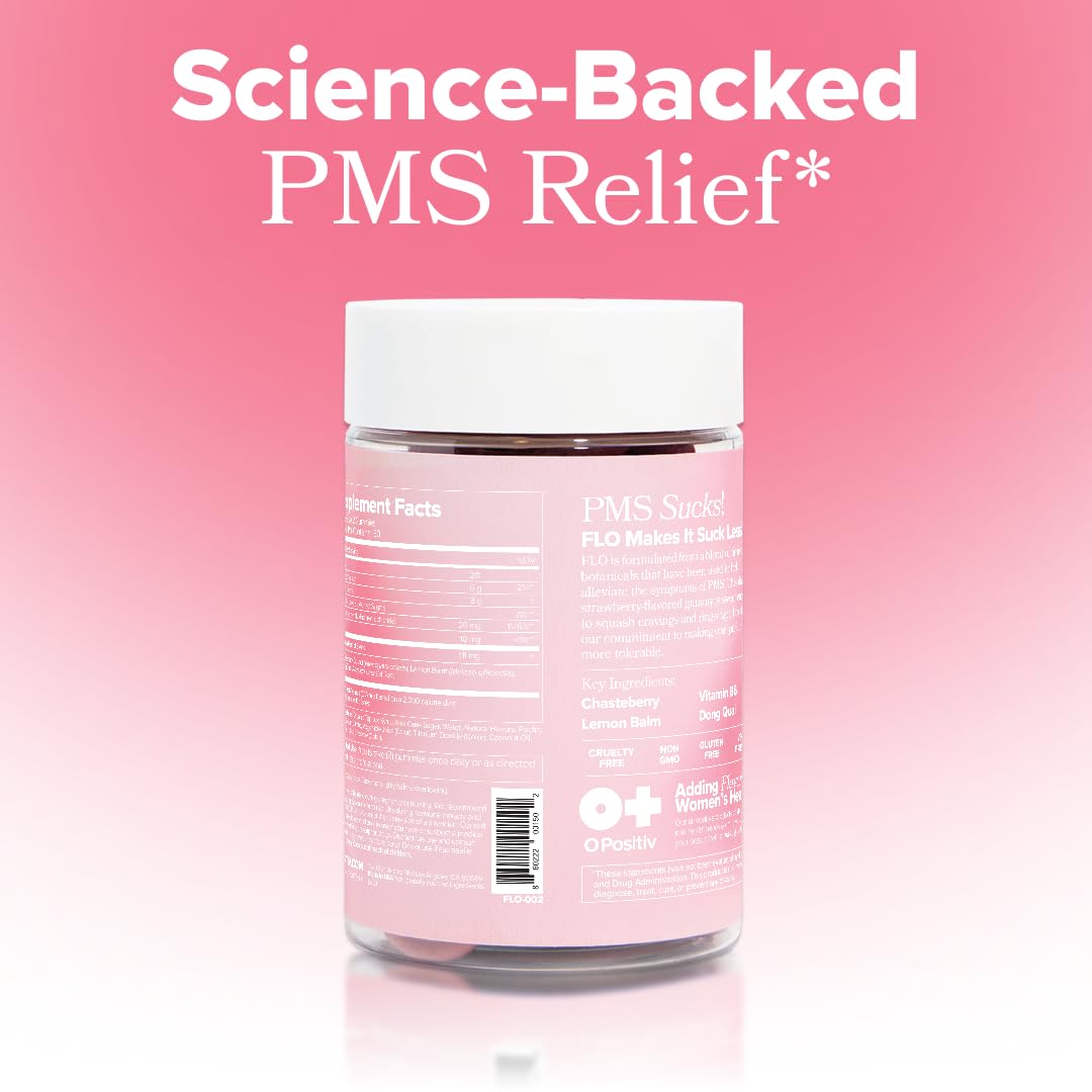 O Positiv FLO PMS Gummies for Women - Proactive PMS Relief - Targets Hormonal Breakouts, Bloating, Cramps, & Mood Swings with Chasteberry O Positiv canada supplements