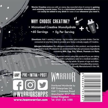 Warrior Creatine Monohydrate Powder – 300g – Micronised for Easy Mixing and Consumpti WarriorBuy Supplements Australia