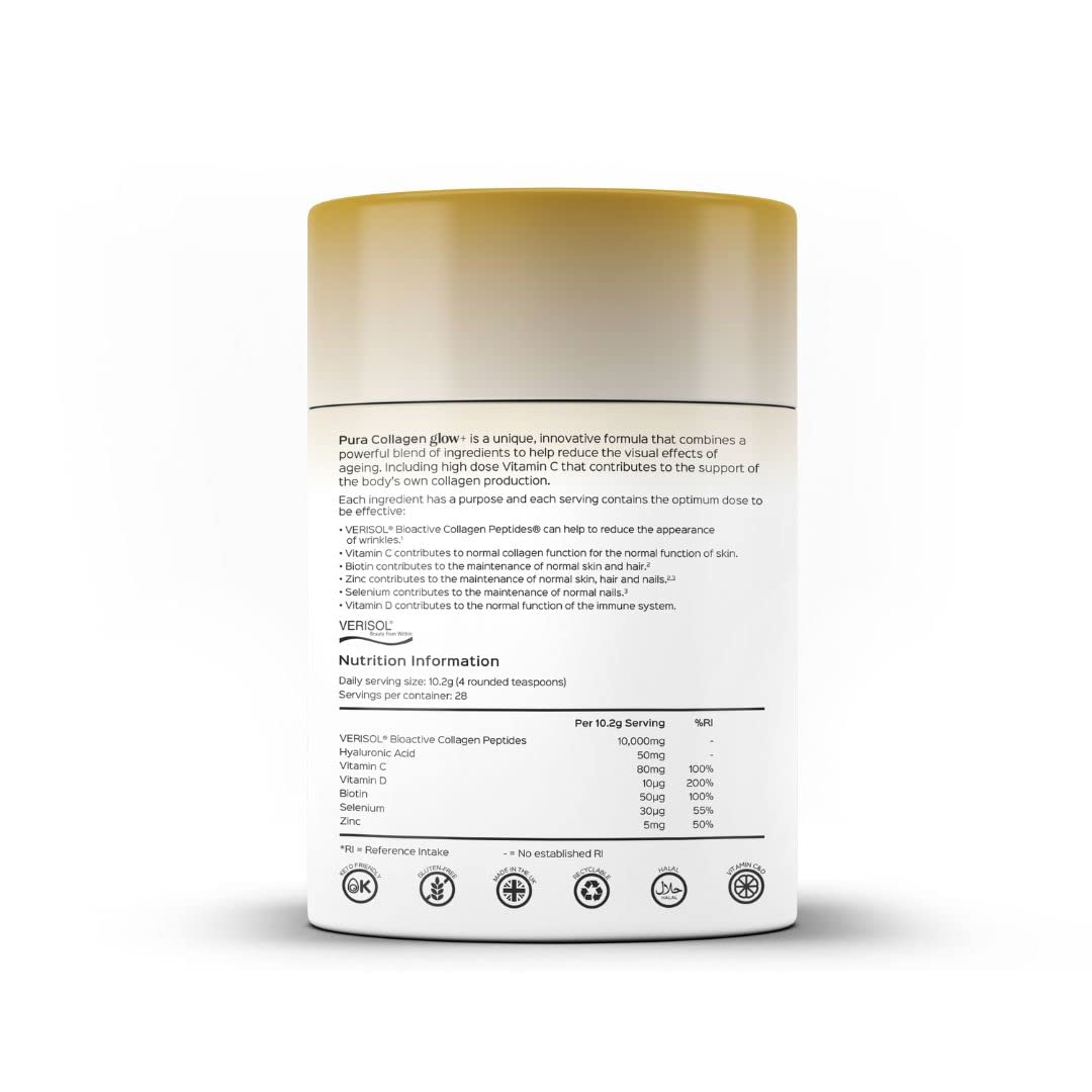 Pura Collagen Powdered Supplement Glow+, 10,000mg Hydrolysed Peptides, Hyaluronic Acid, Vitamins & Minerals, 28 Servings, 284 g Pura CollagenBuy Supplements Australia